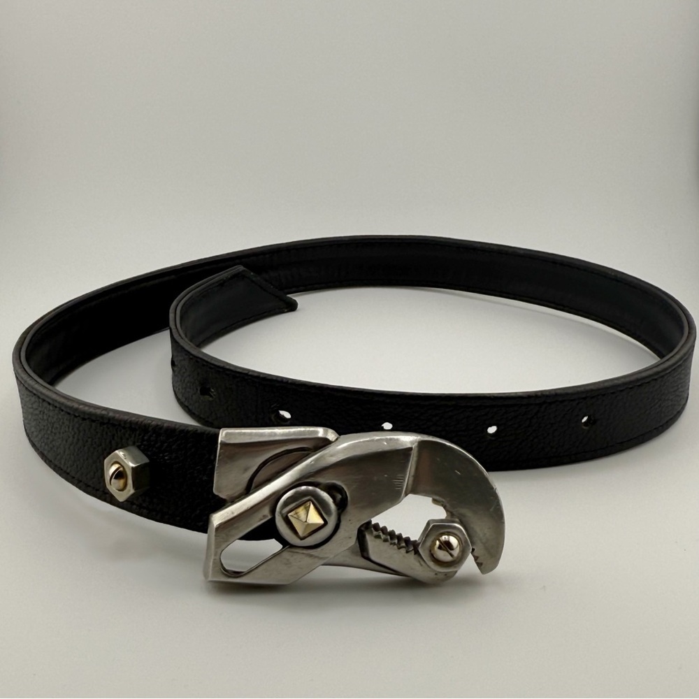 Black Leather Belt Industrial Tool Buckle Silver Hardware Adjustable Waist Belt